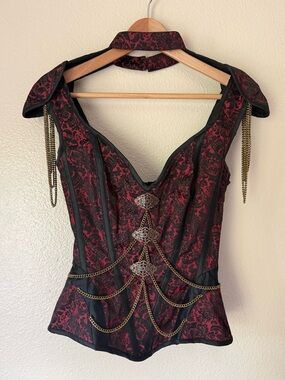 CORSET STORY Black and Red Chain-Accent Corset Top